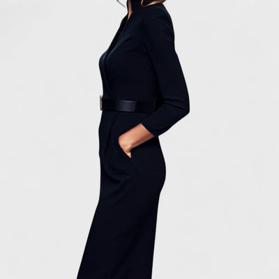 Julissa™ – Elegant Black Dress with Belt & Mandarin Collar