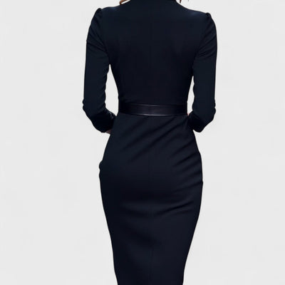 Julissa™ – Elegant Black Dress with Belt & Mandarin Collar